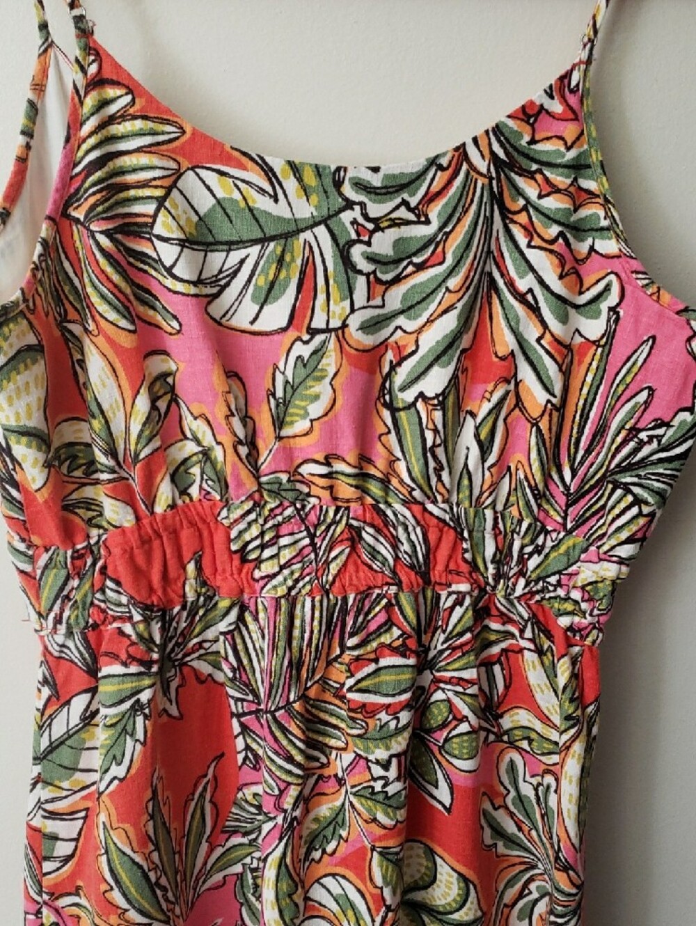 C&C California Pink & Orange Tropical Print Maxi Tiered Linen Blend Dress- L - Picture 6 of 13